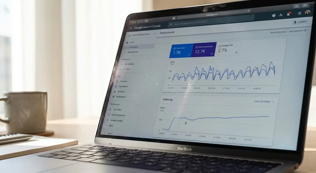 Google Search Console dashboard on laptop screen showing website indexing status and search performance analytics