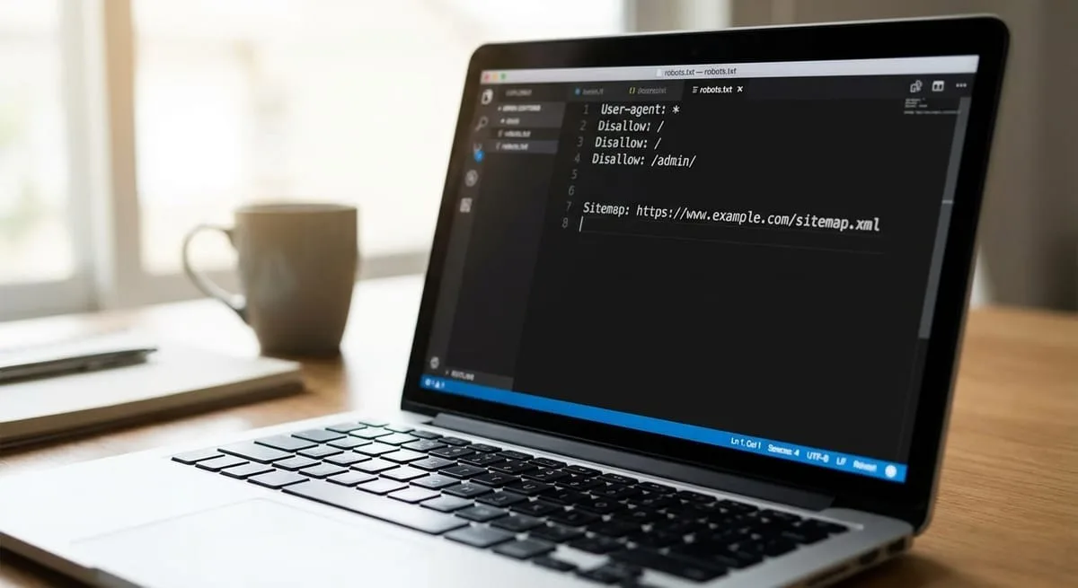 Laptop screen showing robots.txt file code with Disallow entries that can block Google from indexing websites