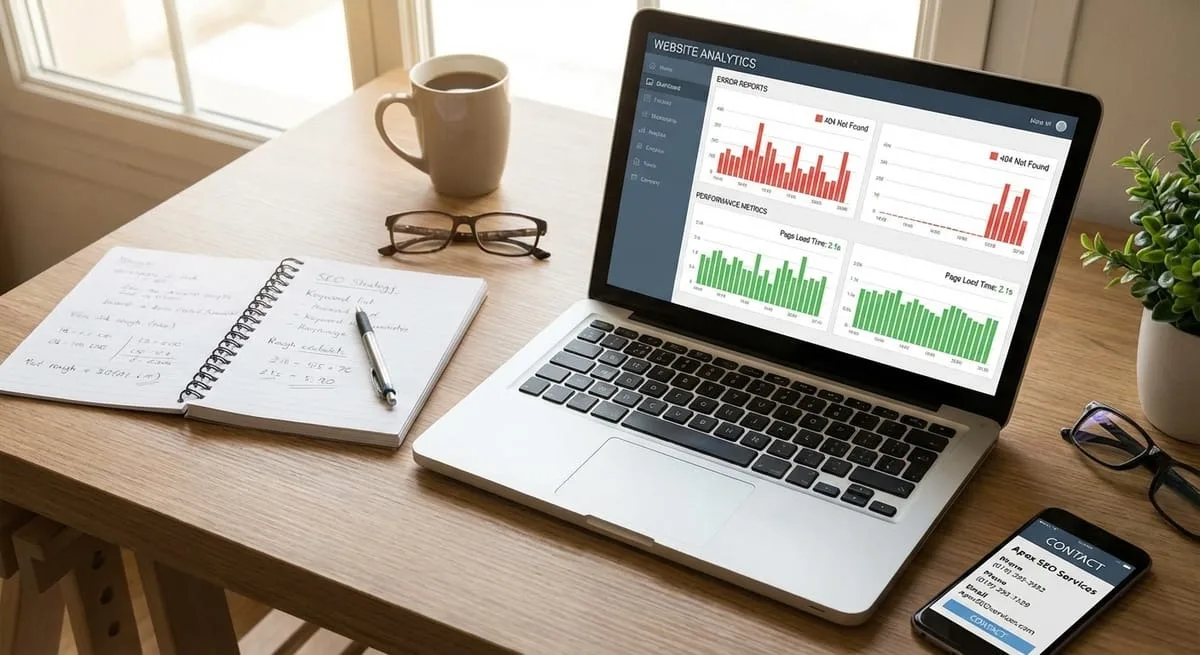 Laptop showing website analytics dashboard next to notebook and phone displaying SEO services for DIY versus expert decision