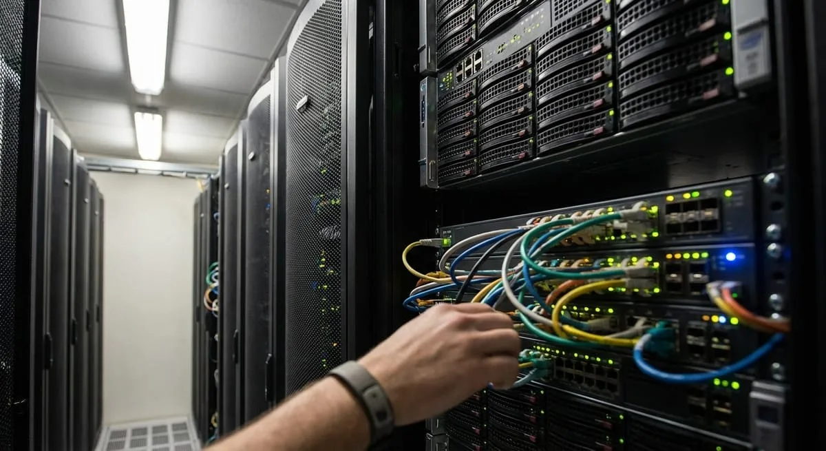 Server racks with blinking status lights in data center showing web hosting infrastructure that affects website loading speed