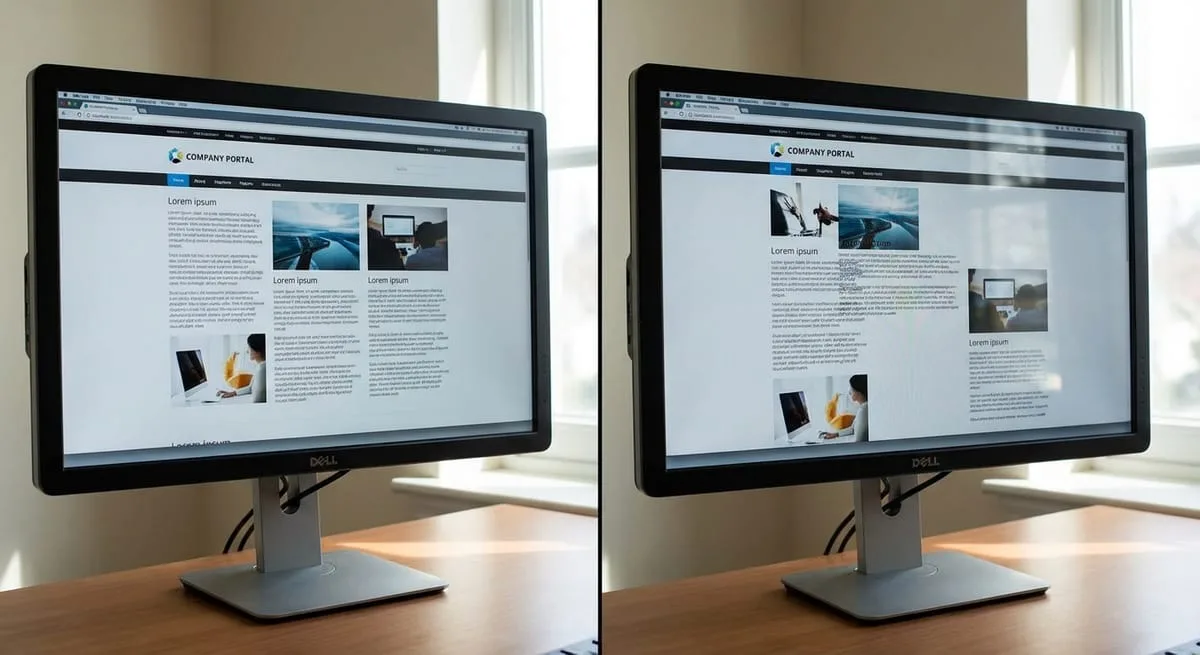 Website displays showing organized versus disorganized layout positioning demonstrating cumulative layout shift issues
