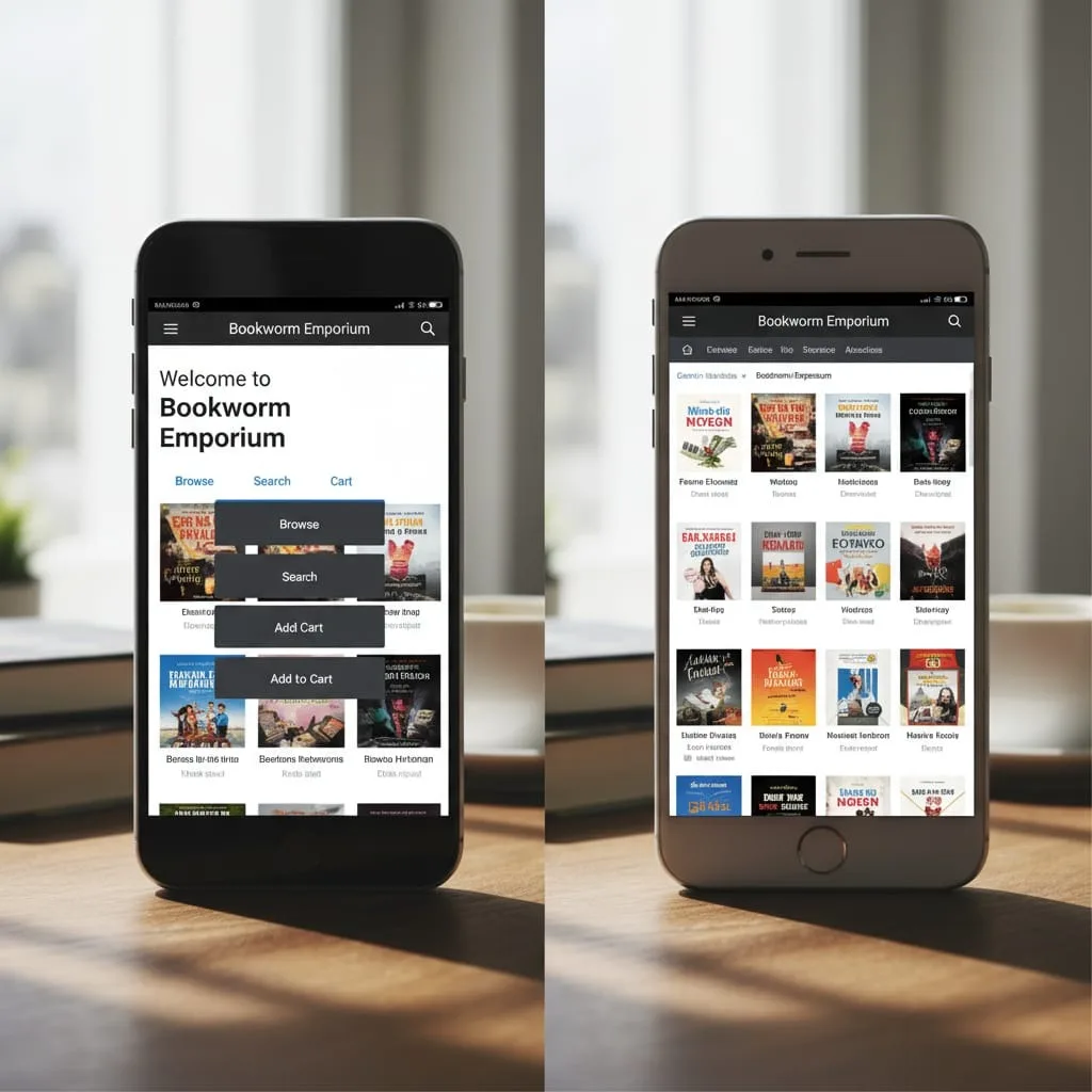 Two smartphones showing responsive versus non-responsive website mobile performance comparison