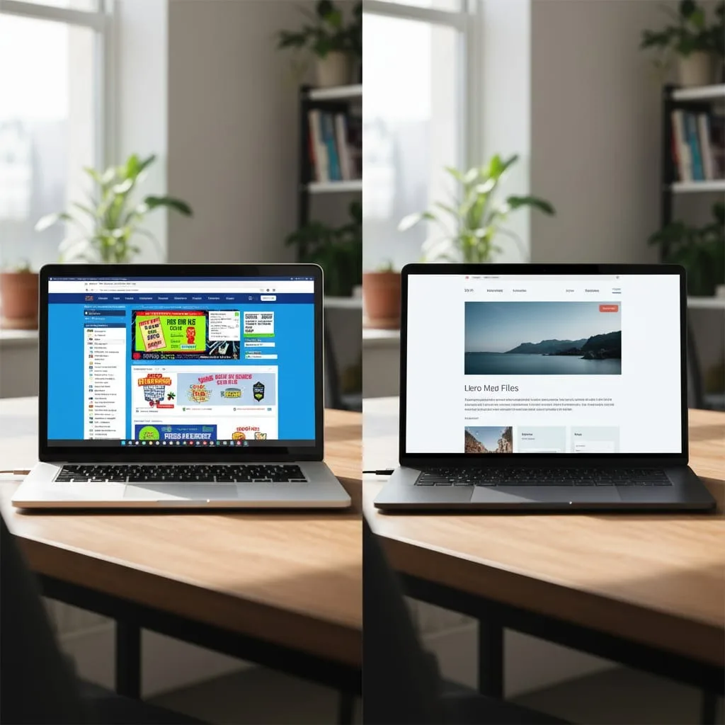 Two laptop screens comparing outdated cluttered website design with modern clean professional web interface