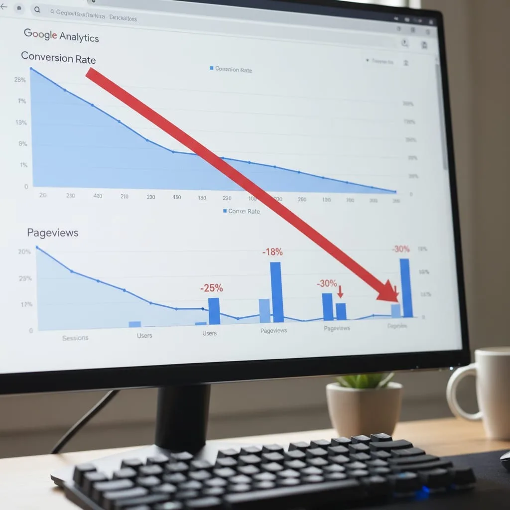 Analytics dashboard showing declining conversion rates and organic traffic metrics on computer monitor