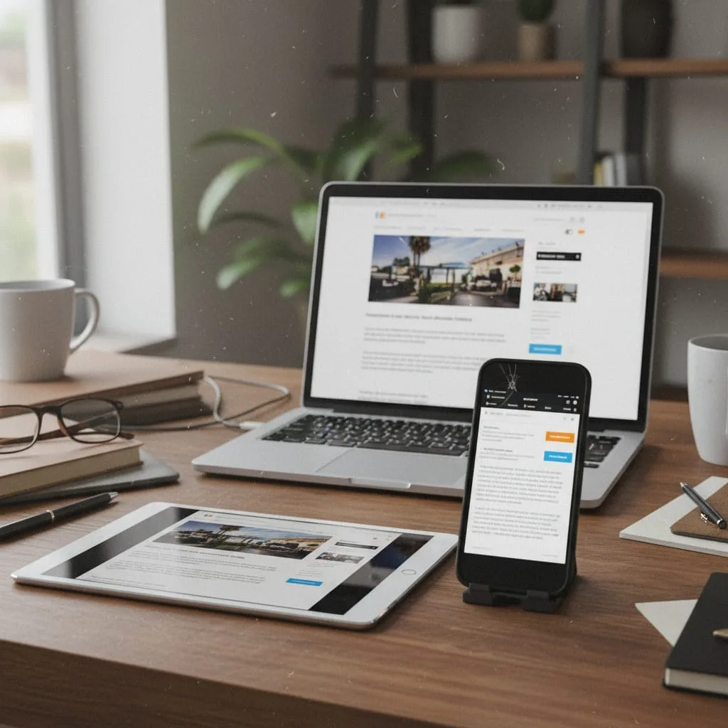 Multiple devices showing outdated website with poor mobile responsiveness and broken formatting