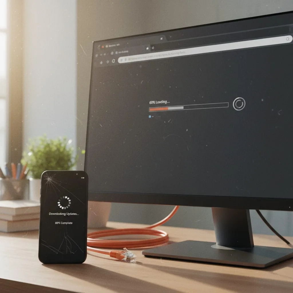 Computer monitor and smartphone showing slow website loading screens with spinning cursors and progress bars