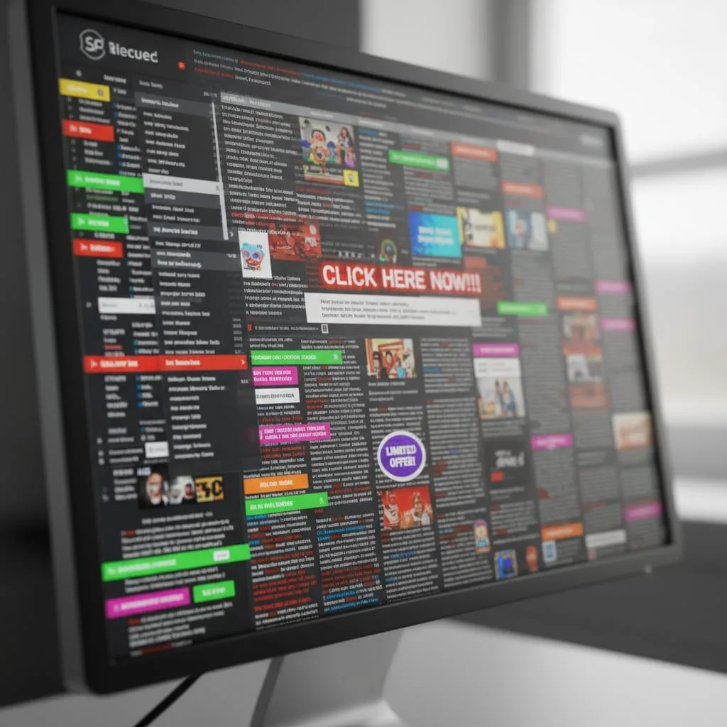 Computer screen showing cluttered website layout with excessive content, overlapping elements, and no white space