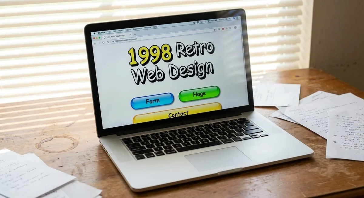 Laptop displaying website with outdated typography and color scheme including Comic Sans font and gradient buttons