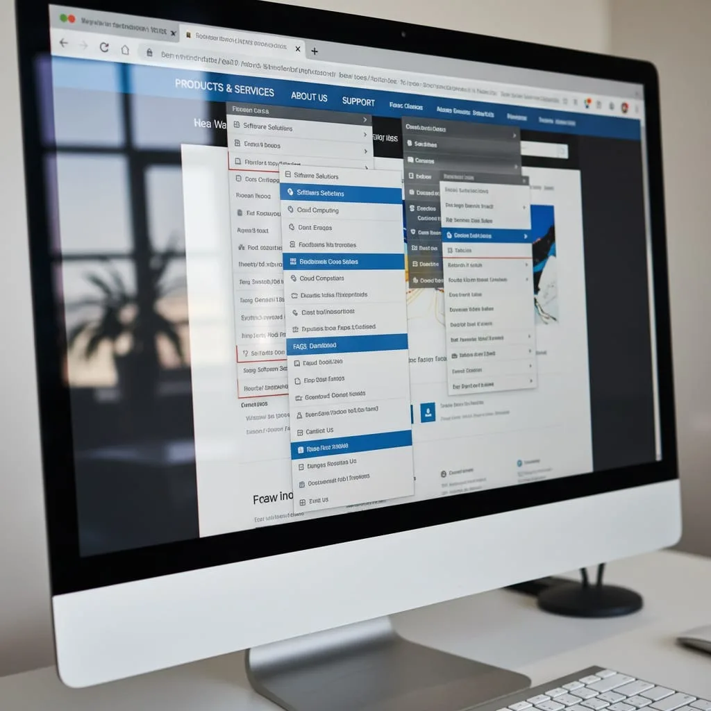 Computer screen showing confusing website navigation with cluttered dropdown menus and poor menu structure