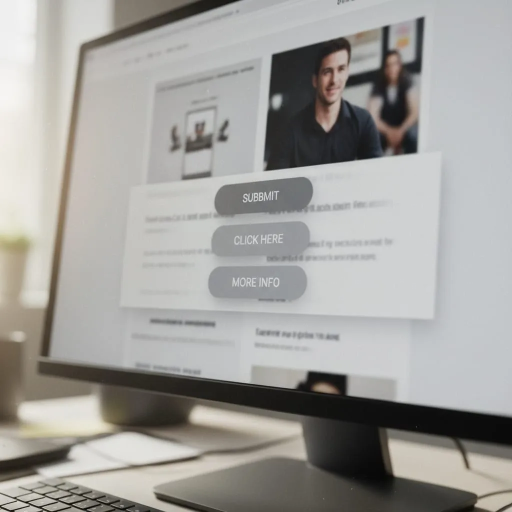 Computer screen showing website with weak call-to-action buttons that blend into background with generic text