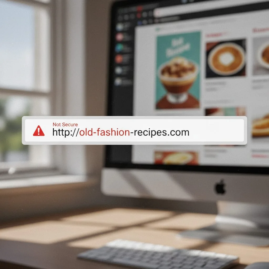 Browser address bar displaying HTTP website with red not secure warning triangle and text