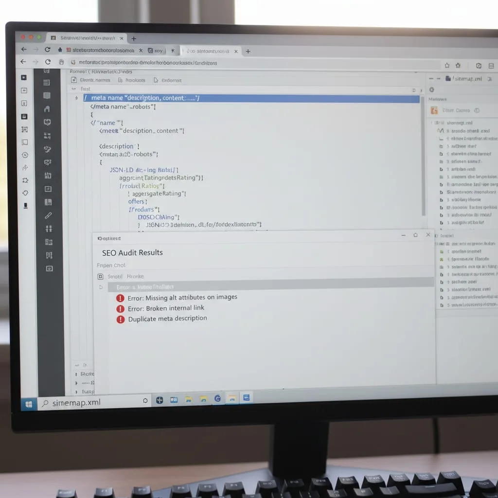 Computer screen showing HTML meta tags, schema markup code, and SEO audit results highlighting outdated website SEO foundation issues