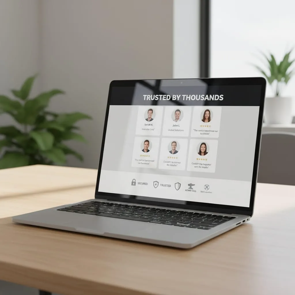 Laptop displaying website testimonials, reviews, trust badges and client logos demonstrating social proof elements