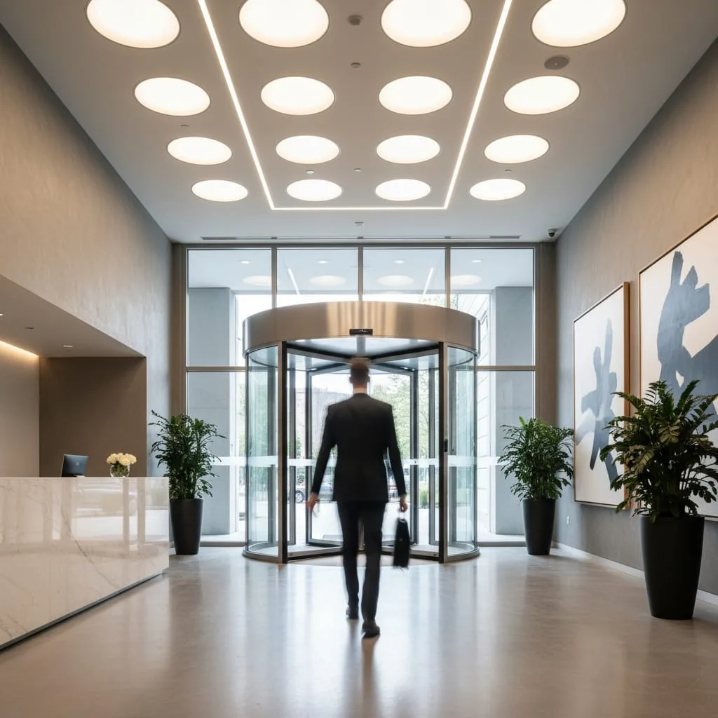 Person walking away from revolving door entrance in modern business building lobby