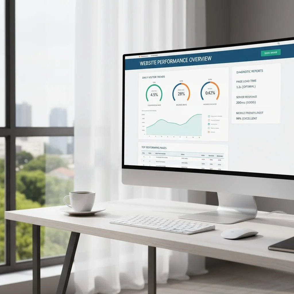 Computer screen showing website diagnostic analytics dashboard with performance metrics for comprehensive website analysis