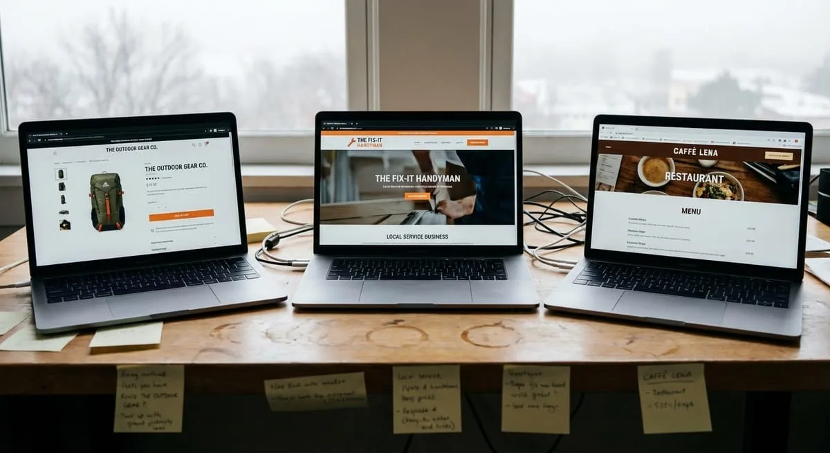 Three laptops displaying different business website types including e-commerce store and local service pages