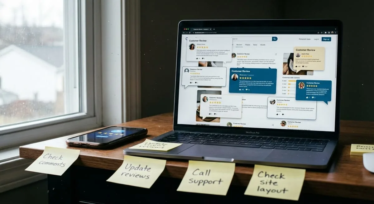 Laptop displaying website testimonials integrated across multiple pages rather than separate testimonials page