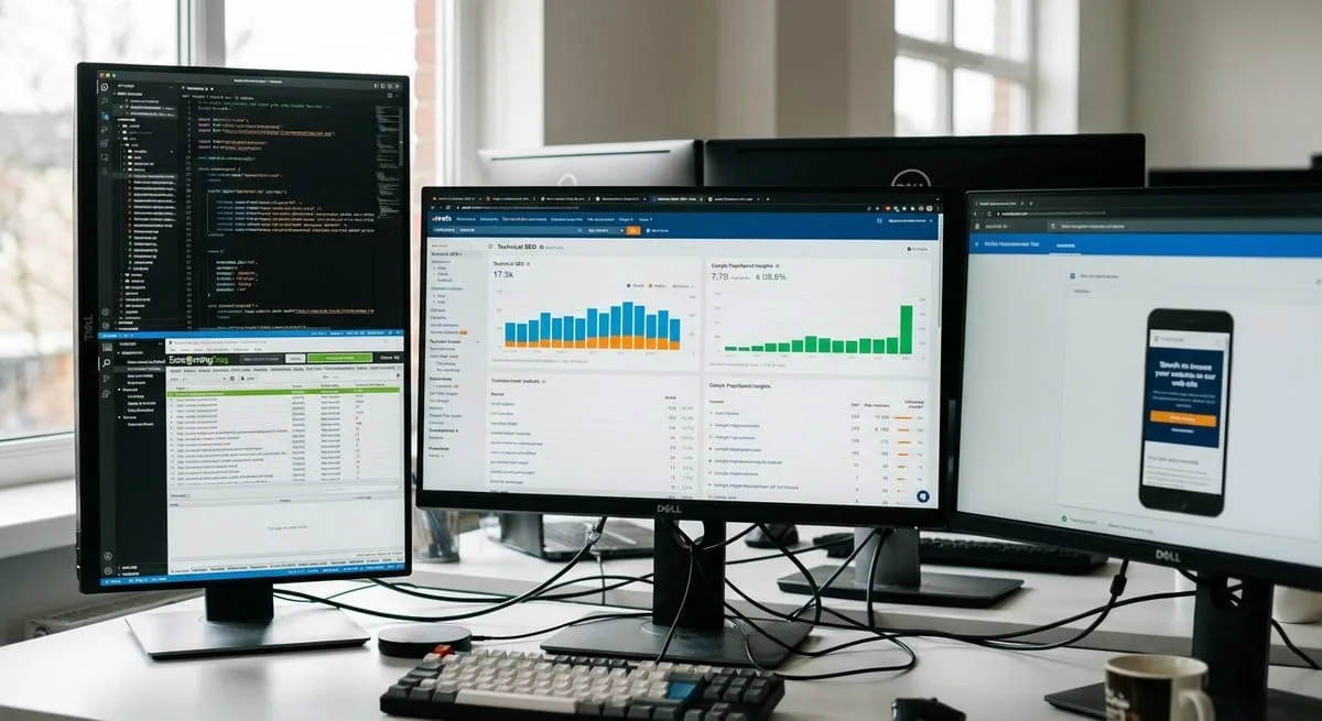Computer monitors showing technical SEO audit tools, website performance dashboards, and code analysis interfaces