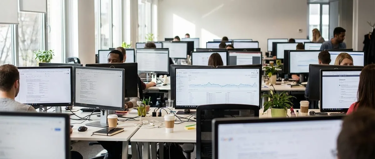 Computer monitors showing Google search results and SEO analytics dashboards in office workspace