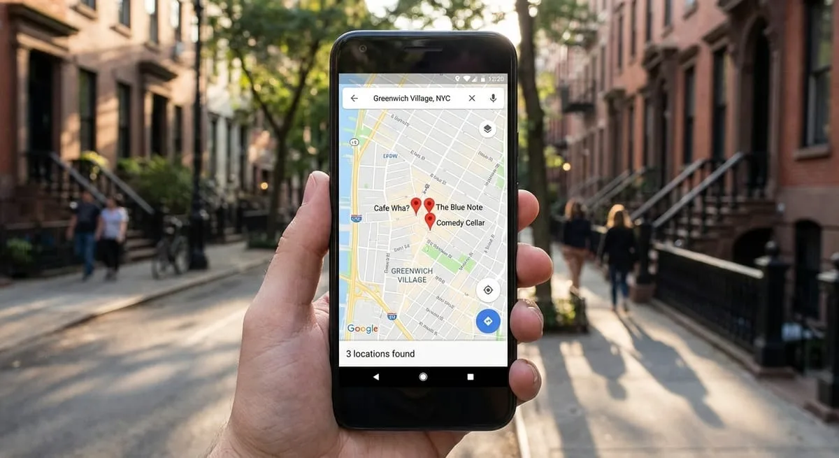 Smartphone showing map with three business location pins for local SEO and Google Business Profile management