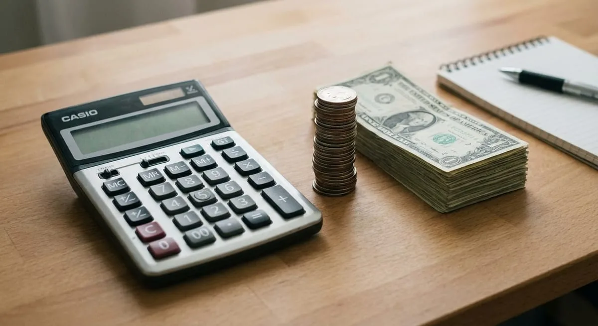 Calculator with stacked coins and cash showing SEO agency cost calculations and pricing