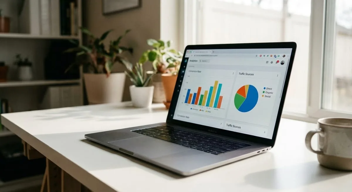 Laptop screen showing website analytics dashboard with traffic and conversion rate data for lead generation benchmarking