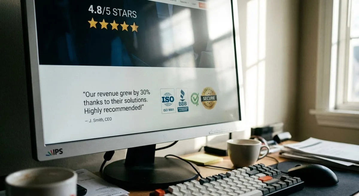 Computer screen showing website trust signals including customer reviews, testimonials and certification badges