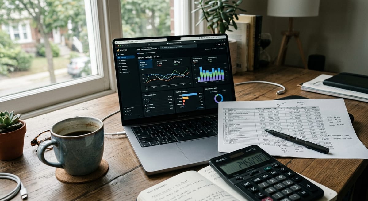 Laptop displaying analytics graphs beside a printed ROI spreadsheet and calculator showing website redesign return on investment metrics