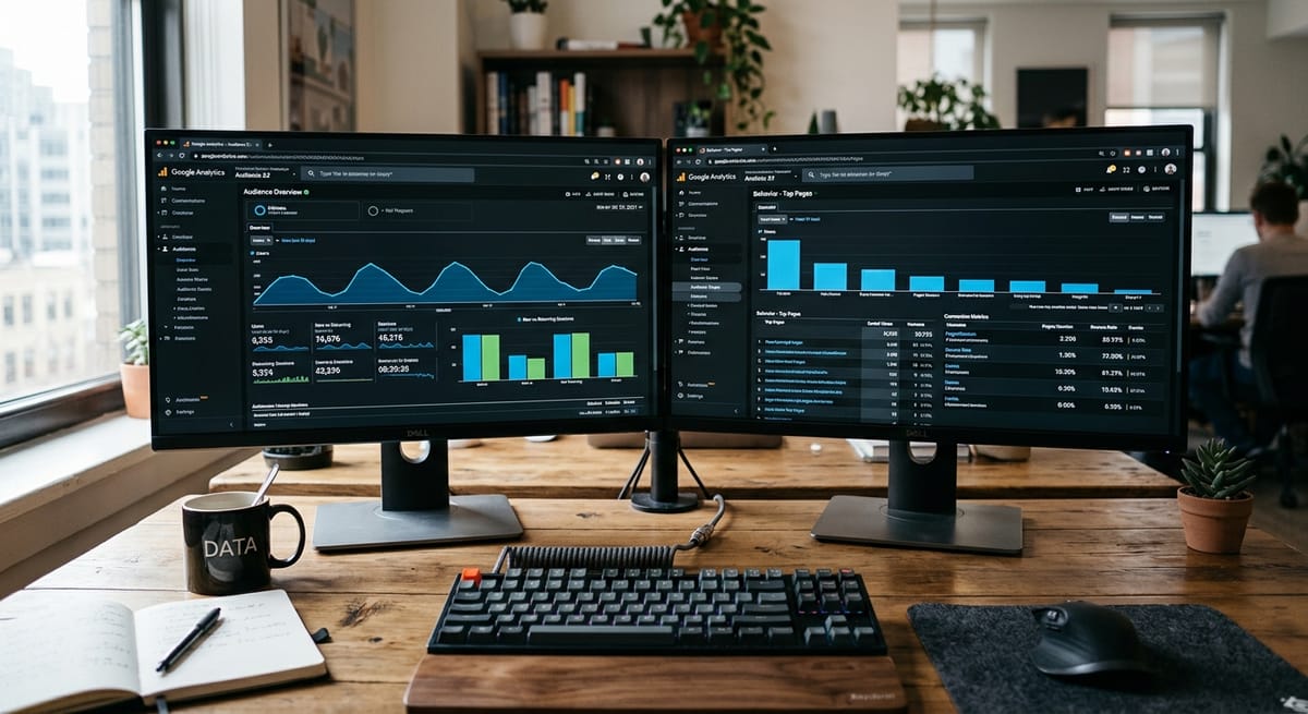 Dual monitor setup displaying website analytics dashboards with conversion metrics used to track website redesign ROI performance