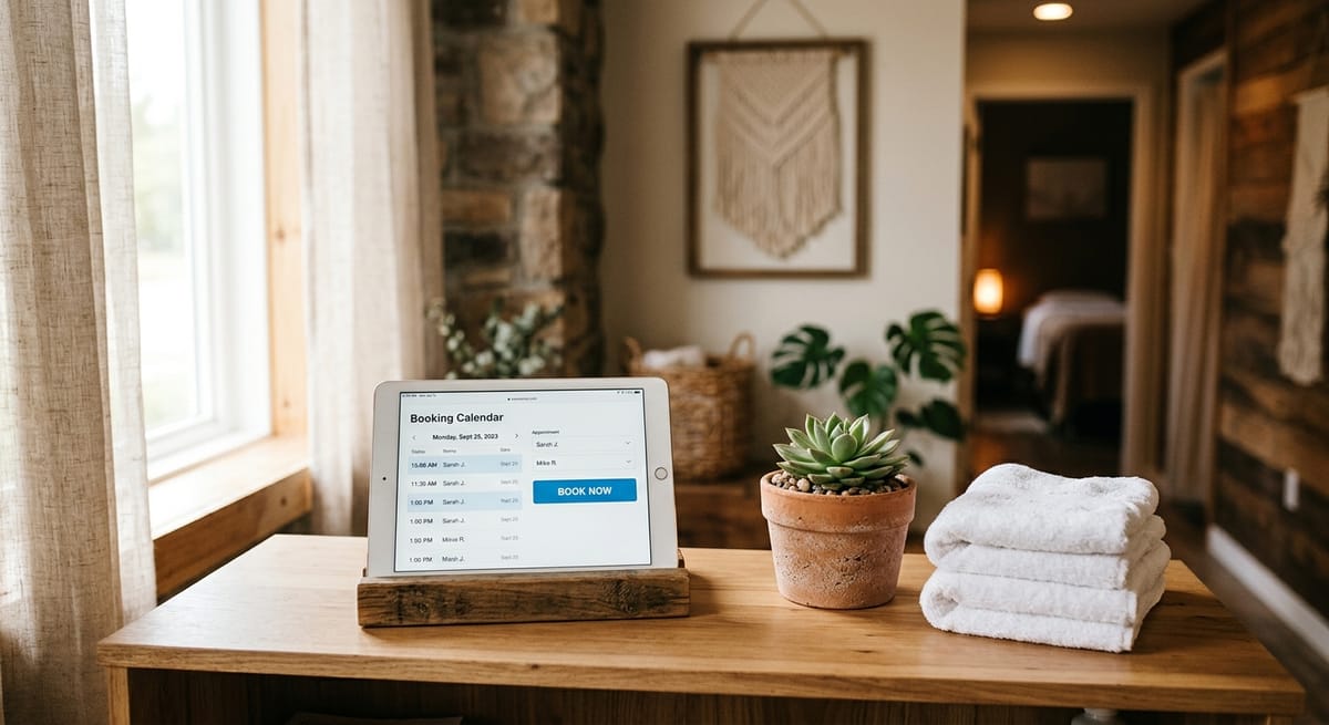 Small massage therapy studio booking desk representing solo service providers who benefit from Wix or Squarespace website builders