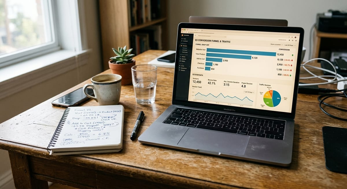 Ecommerce CRO analytics dashboard showing funnel drop-off data on laptop with handwritten conversion rate notes nearby