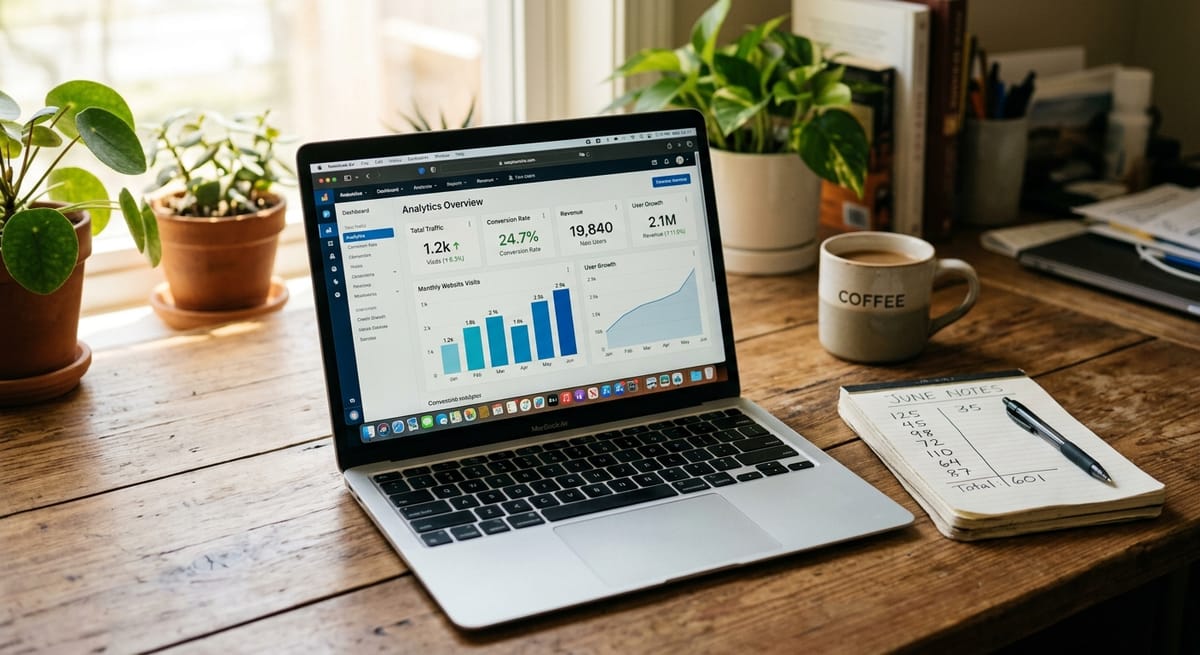 Ecommerce conversion rate benchmarks displayed on analytics dashboard on laptop, showing percentage metrics and performance charts