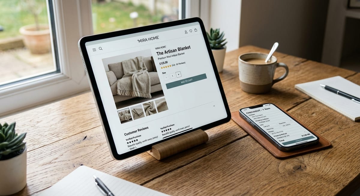 Tablet showing ecommerce product page with reviews and checkout form on smartphone beside it for conversion optimization
