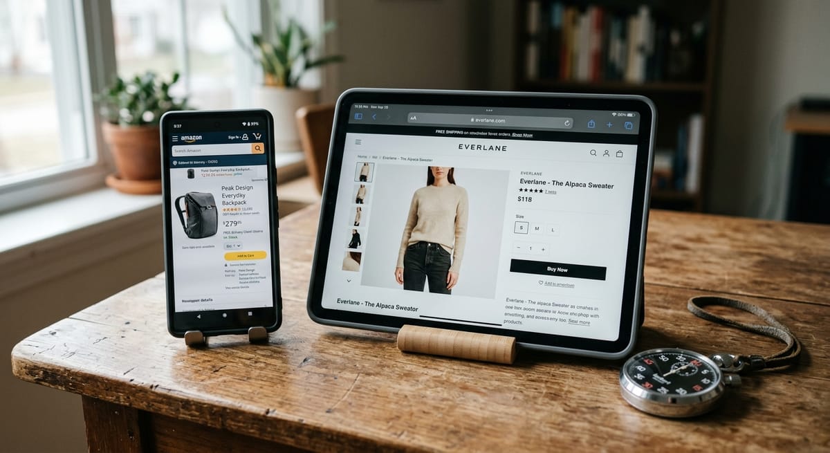 Smartphone and tablet showing ecommerce product pages beside a stopwatch, illustrating mobile site speed and performance optimization