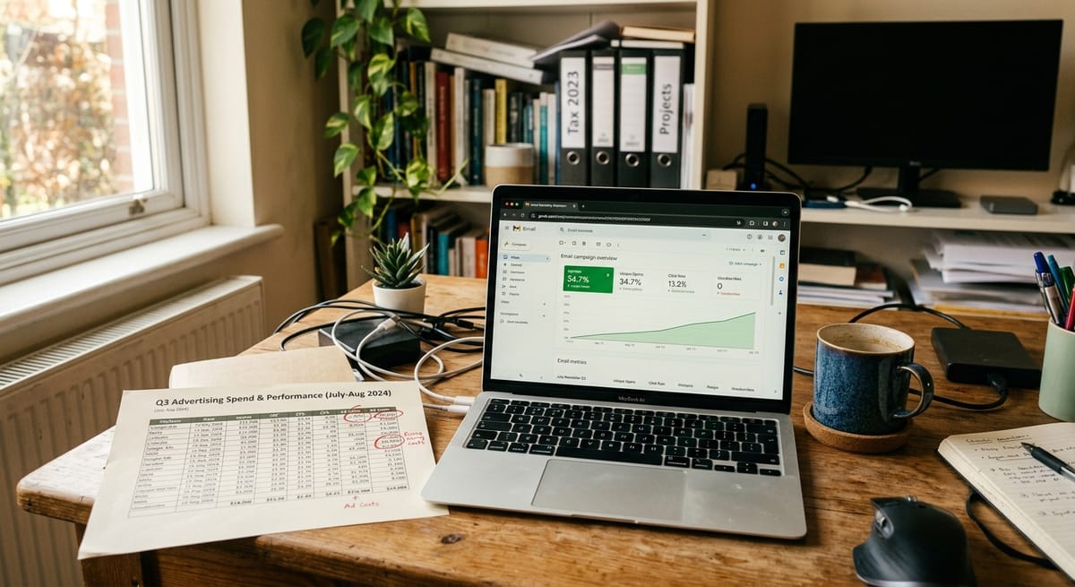 Email marketing dashboard showing subscriber growth metrics beside rising paid ad cost spreadsheet on ecommerce store owner's desk