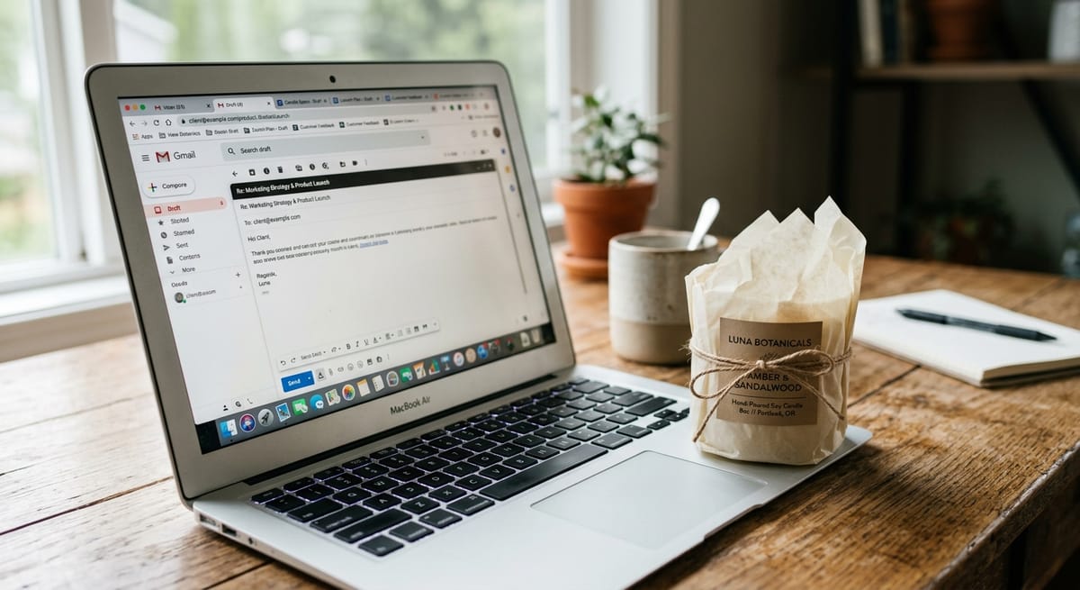 Laptop with email campaign drafts open next to packaged ecommerce product, illustrating core ecommerce email automation flows
