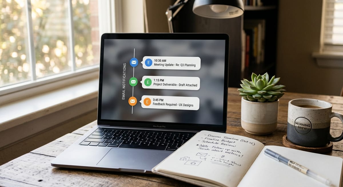 Welcome series email sequence displayed on laptop screen beside notebook and coffee mug on a warm-lit desk
