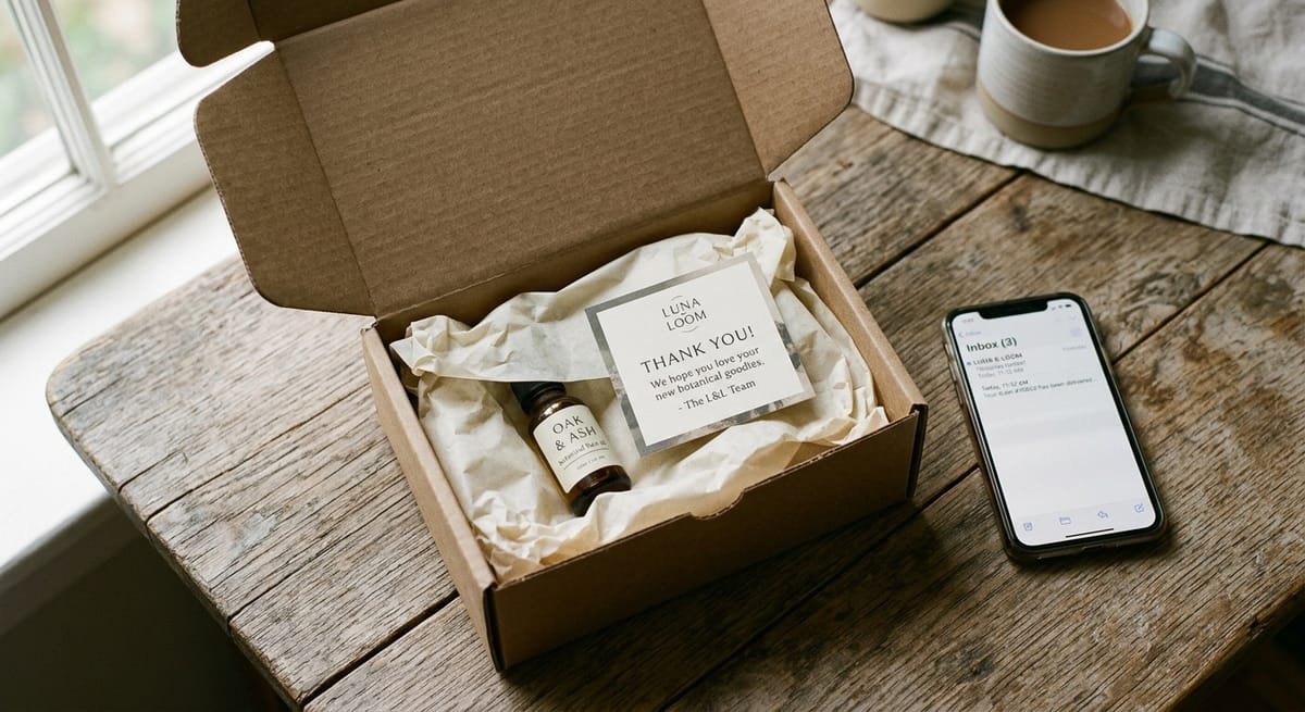Post-purchase email sequence shown with unboxed ecommerce order beside smartphone displaying follow-up email notification