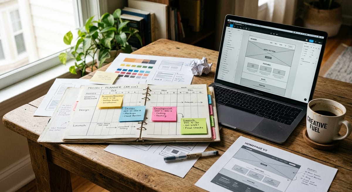Website build phase timeline planner with wireframe mockups and sticky notes on a design agency desk