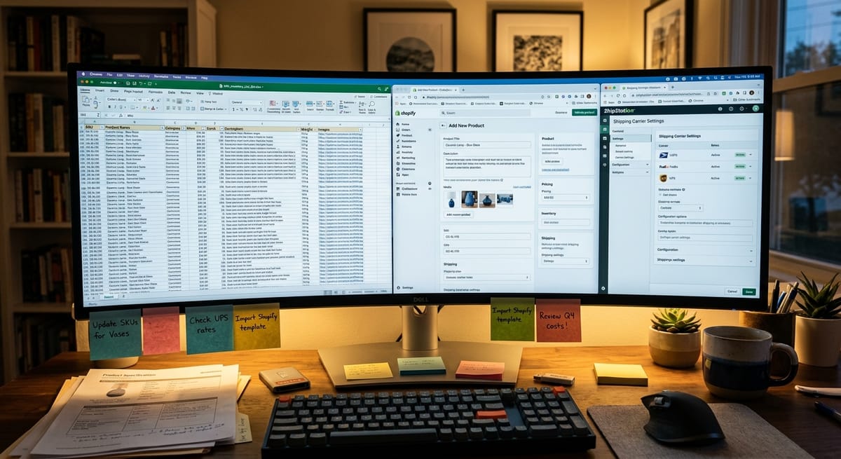 E-commerce product data spreadsheet and Shopify backend open on monitor showing why online stores take longer to build