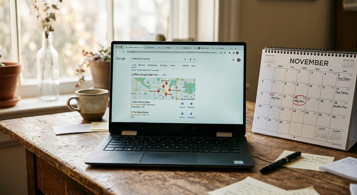 Laptop showing Google map pack search results beside a monthly calendar, illustrating how long SEO takes to show local rankings