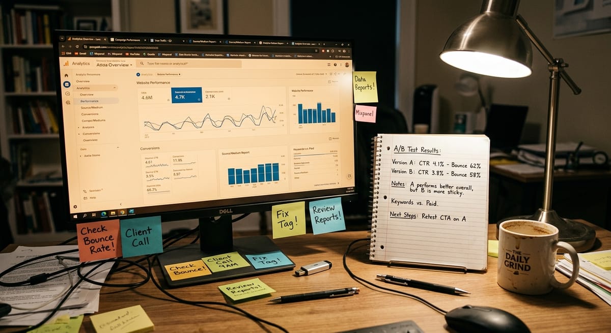 Analytics dashboards and handwritten SEO comparison notes on a desk illustrating variables that speed up or slow down SEO results