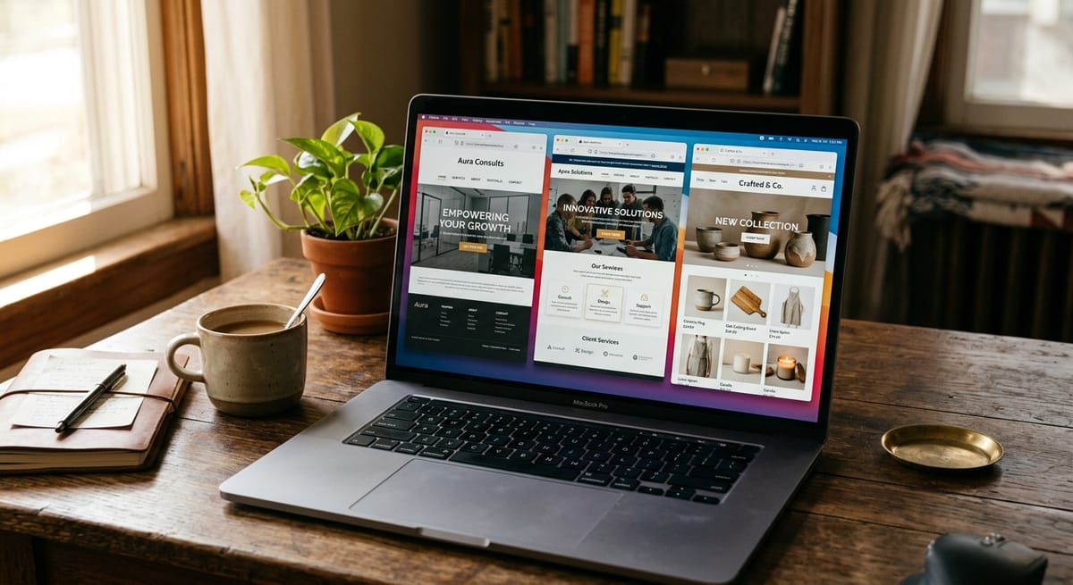 Laptop displaying different website types side by side, illustrating varying website cost by type in 2026