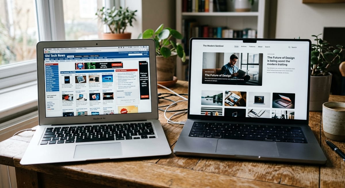 Side-by-side laptop screens comparing old and redesigned website layouts on a wooden desk, illustrating website redesign cost vs new build