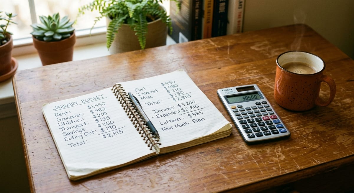 Notebook with handwritten SEO monthly retainer budget figures beside a calculator showing SEO cost per month planning