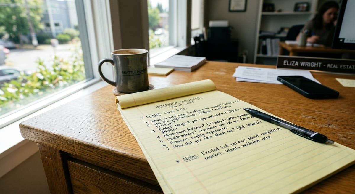 Handwritten sales call questions on a notepad for vetting an SEO company during client interviews