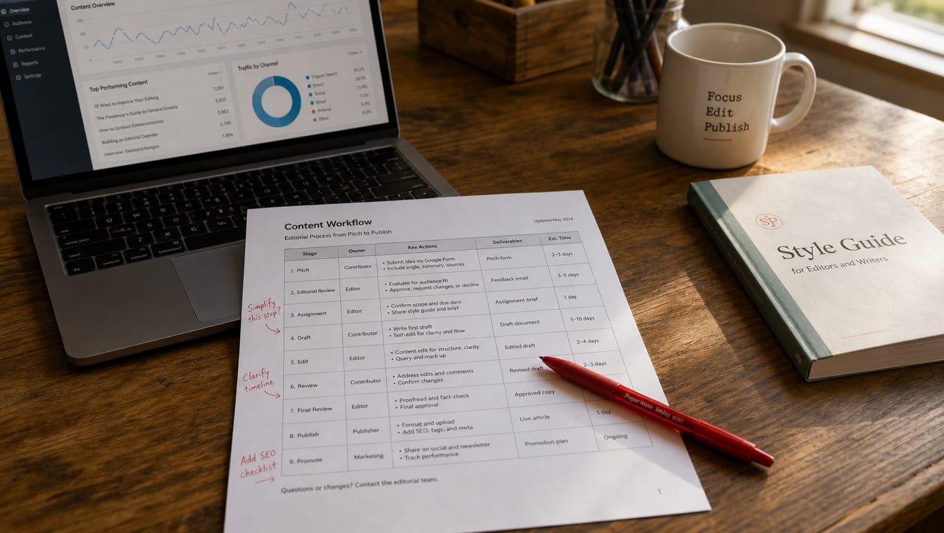 Printed AI workflow checklist with handwritten edits on a desk beside an open analytics laptop, illustrating responsible agency AI use