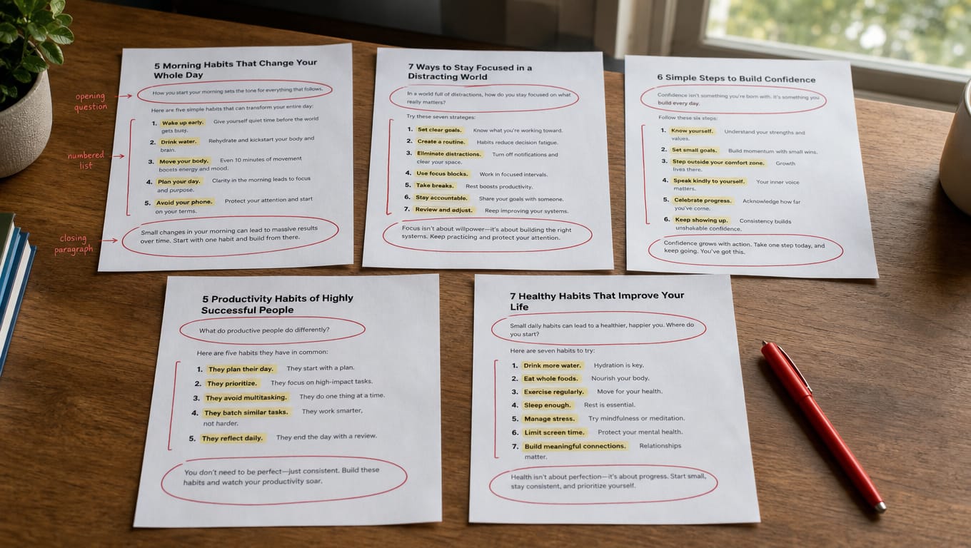 Printed blog posts with identical structural templates spread on a desk, showing signs of AI-generated marketing content over-reliance
