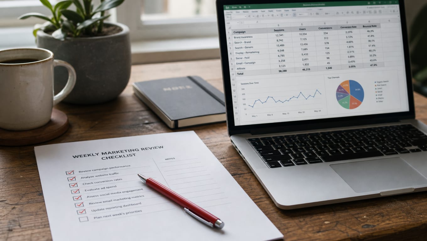 Printed agency accountability checklist with red pen markups beside analytics spreadsheet, illustrating marketing agency AI transparency standards