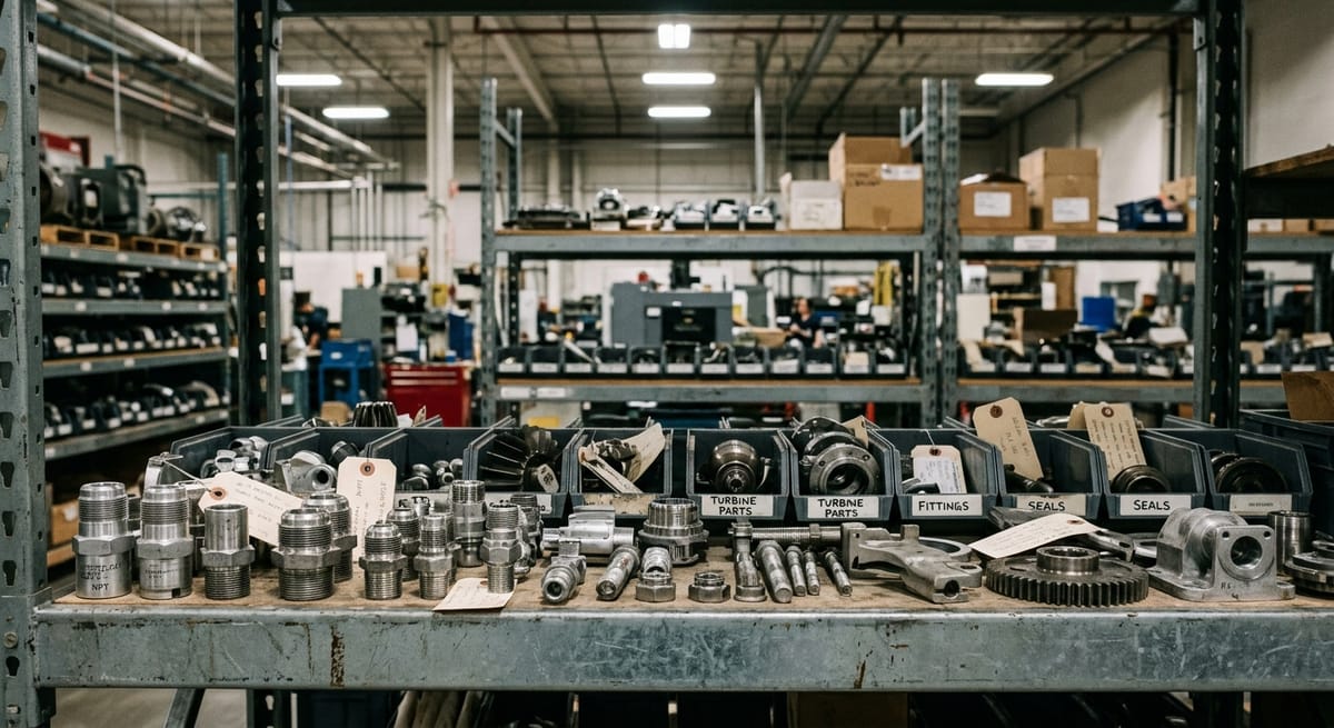 Aircraft parts inventory on warehouse shelving, illustrating national e-commerce SEO beyond local business markets